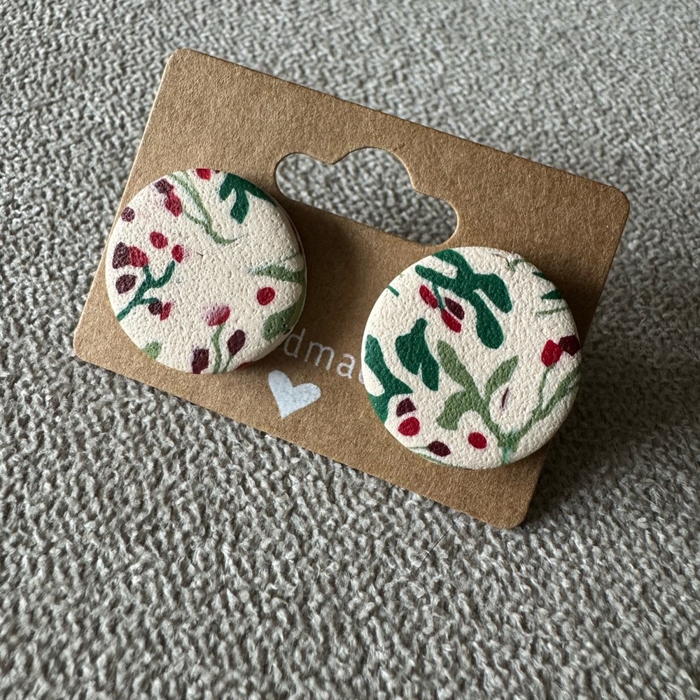 Holly & Ivy Large Round Polymer Clay Earring Studs